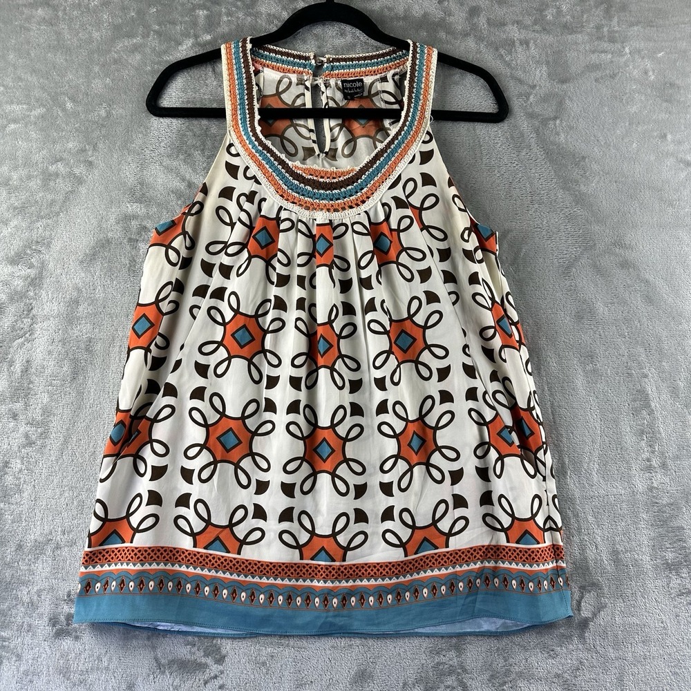 Nicole By Nicole Miller Top Women's S Ivory Orange Turquoise Brown Crochet